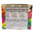 Nutrition facts and ingredients for each of the three snack types