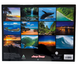 Back cover of the 2026 Maui calendar showing a grid of 12 vivid photos including waterfalls, coastal cliffs, waves, sunsets, beaches, and marine wildlife scenes from Maui.