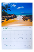 June 2026 calendar page featuring Secret Beach, Maui with golden sand, black lava rocks, and turquoise waves. Includes bilingual weekday names and holiday markers.