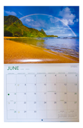 June 2026 calendar page featuring Tunnels Beach, Kaua‘i with a rainbow arching over the ocean. Includes English and Hawaiian weekdays, holidays, and moon phases.

