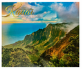 2026 Kaua‘i “The Garden Isle” wall calendar cover featuring a lush, green mountain landscape with dramatic cliffs and clouds overlooking the Pacific Ocean.

