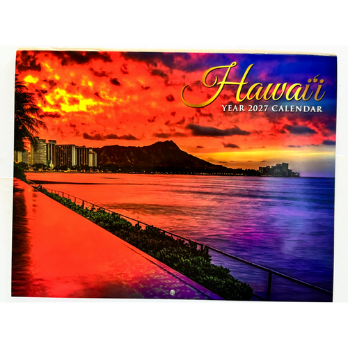 Calendar cover with a vibrant sunset over a city skyline and beach, featuring the word 'Hawaii' and 'Year 2027'.