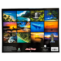 Collage of scenic images including beaches, waterfalls, and landscapes on a product packaging.