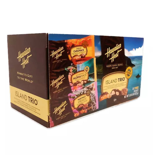 Hawaiian Host Island Trio packaging with various flavors displayed on a white background