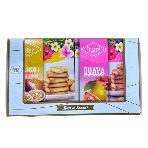 Diamond Bakery cookie box with Ikioli and Guava flavors on a white background