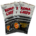 Three packages of Kona Potato Chips with branding and product details.