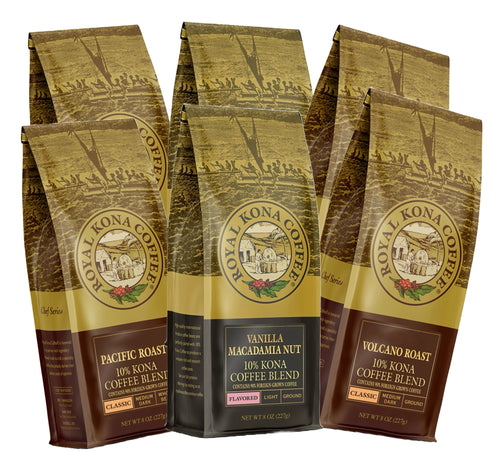 Royal Kona Ground Coffee Variety Six Pack (Three Flavors)