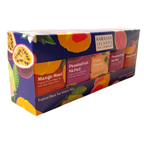 Close-up of the tropical fruit tea flavors included in the Hawaiian Islands Tea Company Variety Pack