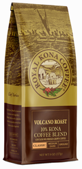 Royal Kona Coffee Volcano Roast coffee bag on a white background