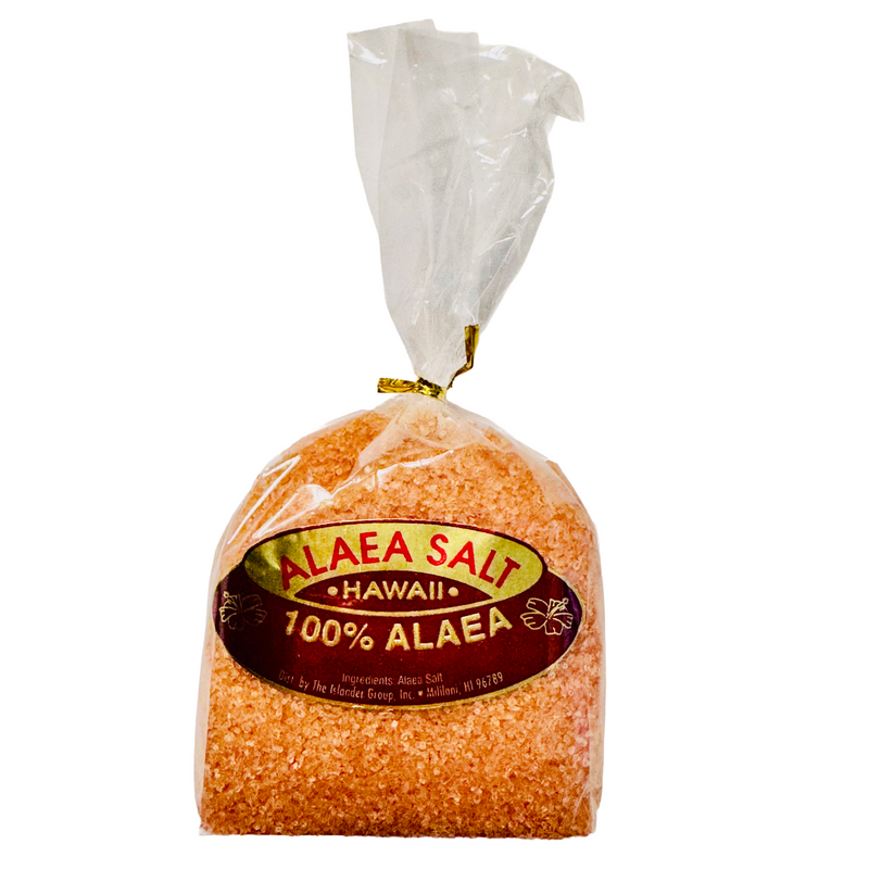 Bag of Alaea salt with a clear plastic wrap on a white background
