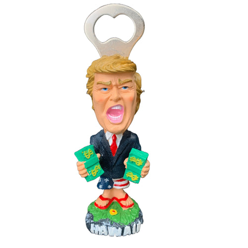 5.5 inch Trump bottle opener figurine by KC Hawaii holding money stacks with "Hawaii" base

