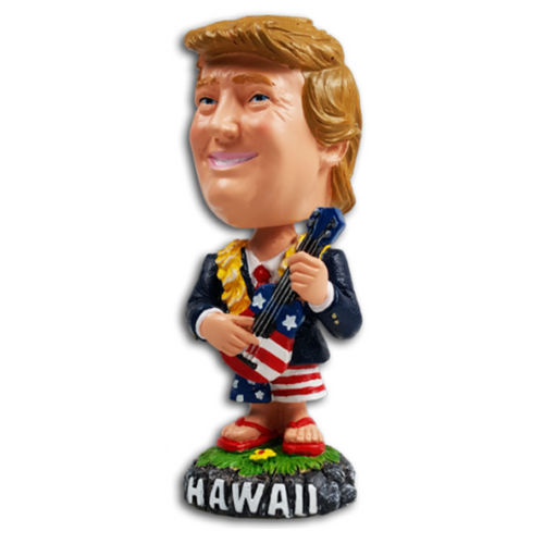 Trump bobblehead holding ukulele with American flag design, standing on Hawaii base – 4 inch patriotic figurine