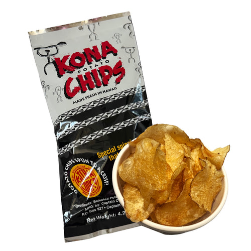 Kona Potato Chips packaging with a bowl of chips on a white background