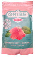 Oribe Tea Co. hibiscus mint with mamaki caffeine-free loose leaf tea package on a white background