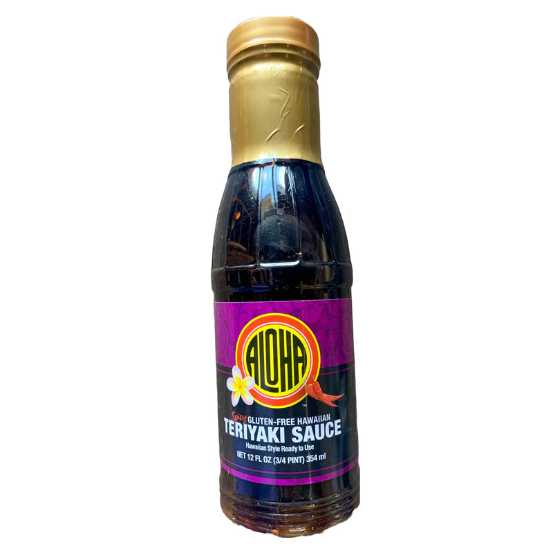 Aloha Shoyu Gluten-Free Hawaiian Style Teriyaki Sauce 12 oz Bottle – Front label with gold cap and vibrant purple design