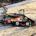 Coconut bead bracelet with Maui and flower handpainted on nameplate