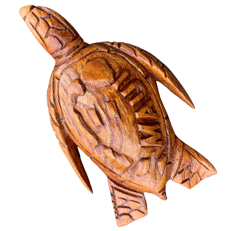 Hawaiian Store Hand-Carved Wood Honu Turtle Featuring Maui and Hawaii Islands