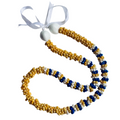 Beaded necklace with yellow, blue, and white beads on a white background