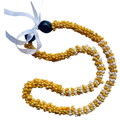 Necklace with yellow and white beads and a blue pendant on a white background