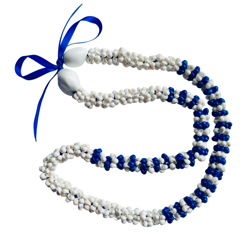 Blue and white beaded necklace with a blue ribbon on a white background
