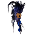 Decorative feathered makini mask with a blue bead and blue feathers on a white background