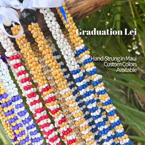 Colorful beaded graduation lei with text about custom colors available.