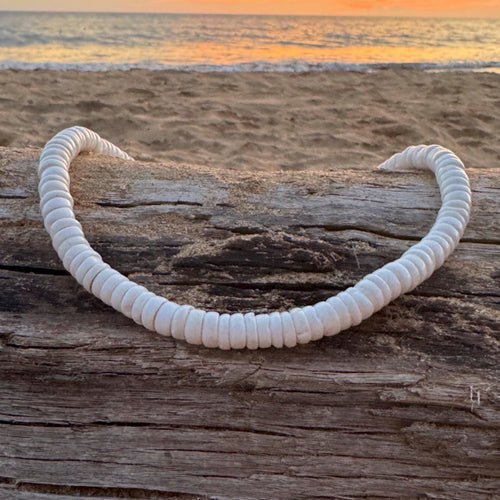 White shell necklace on a wooden log with a beach and sunset in the background
