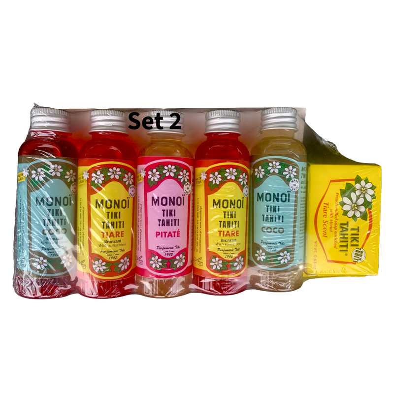 Set of six Monoi Tiare Tahiti bottles in a cardboard packaging on a white background