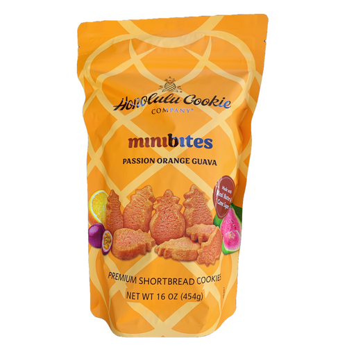 Front of a 16oz bag of Honolulu Cookie Company Minibites – Passion Orange Guava flavor, featuring pineapple-shaped cookies and tropical fruits like guava, orange, and passionfruit.

