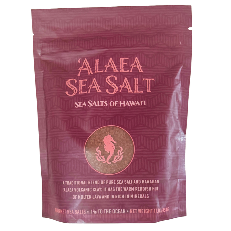 Front of Alaea Hawaiian Sea Salt 1 lb resealable pouch – Sea Salts of Hawai‘i branding