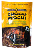 Bag of Island Princess Choco Mochi with bowl of chocolate-covered Japanese rice crackers on a white background
