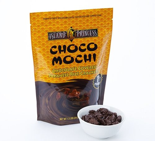 Bag of Island Princess Choco Mochi with bowl of chocolate-covered Japanese rice crackers on a white background