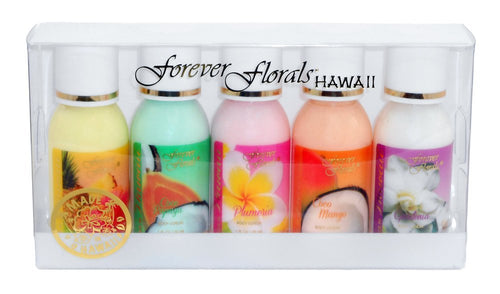 Forever Florals Hawaii Gift Boxed Lotion Set with five 1 oz bottles featuring tropical scents like Plumeria, Coconut Mango, Gardenia, Passion Pineapple, and Coconut Papaya
