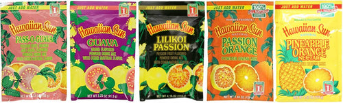 Hawaiian Sun Drink Mix Variety Pack with five tropical flavors: Pass-O-Guava, Guava, Lilikoi Passion, Passion Orange, Pineapple Orange
