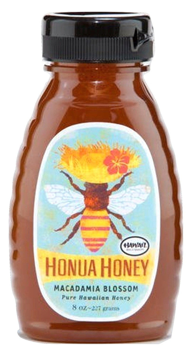 Front of Honua Honey Macadamia Nut Blossom bottle – 8 oz USDA Organic Hawaiian honey