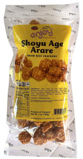 Bag of Enjoy Shoyu Age Arare fried rice crackers with yellow label showing ingredients and nutrition facts

