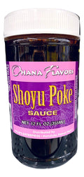 Jar of ‘Ohana Flavors Hawaiian Shoyu Poke Sauce with tropical branding – perfect for poke, seafood, and island-style dishes.