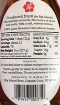 Back label of Honua Honey Macadamia Nut Blossom bottle with nutrition info and organic certification