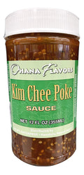 bottle of ‘Ohana Flavors Hawaiian kim chee Poke Sauce with tropical branding – perfect for poke, seafood, and island-style dishes.