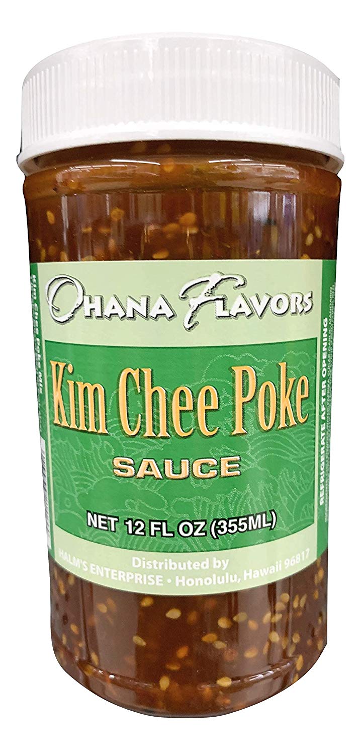 bottle of ‘Ohana Flavors Hawaiian kim chee Poke Sauce with tropical branding – perfect for poke, seafood, and island-style dishes.