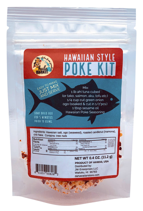 Packaging of Hawaiian Market Hawaiian Poke Kit with Seasoning Mix and Dried Ogo. The package is white with a transparent window showing the product inside, and has text detailing the product description, weight, and other information.