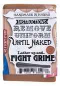 Back of soap with cleaning-themed joke and spicy essential oil ingredients
