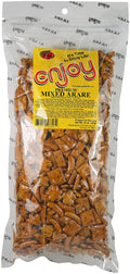 Clear bag of Enjoy Hawaii Premium Mixed Arare rice crackers with yellow label, featuring a variety of soy-glazed Japanese-style rice crackers