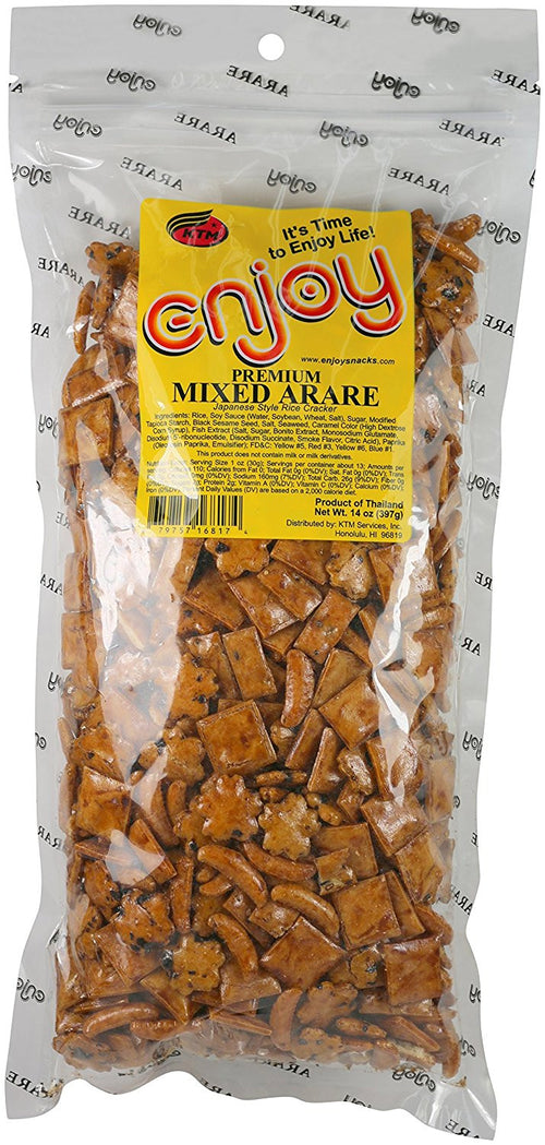 Clear bag of Enjoy Hawaii Premium Mixed Arare rice crackers with yellow label, featuring a variety of soy-glazed Japanese-style rice crackers