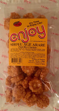 Bag of Enjoy Shoyu Age Arare fried rice crackers with yellow label showing ingredients and nutrition facts

