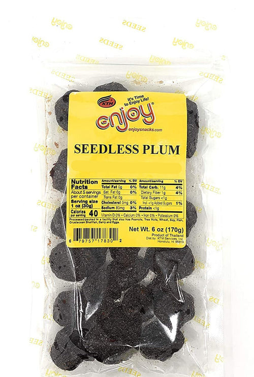 Enjoy Seedless Plum 6 oz. bag – Hawaiian-style preserved plum snack made with sugar, salt, and aspartame