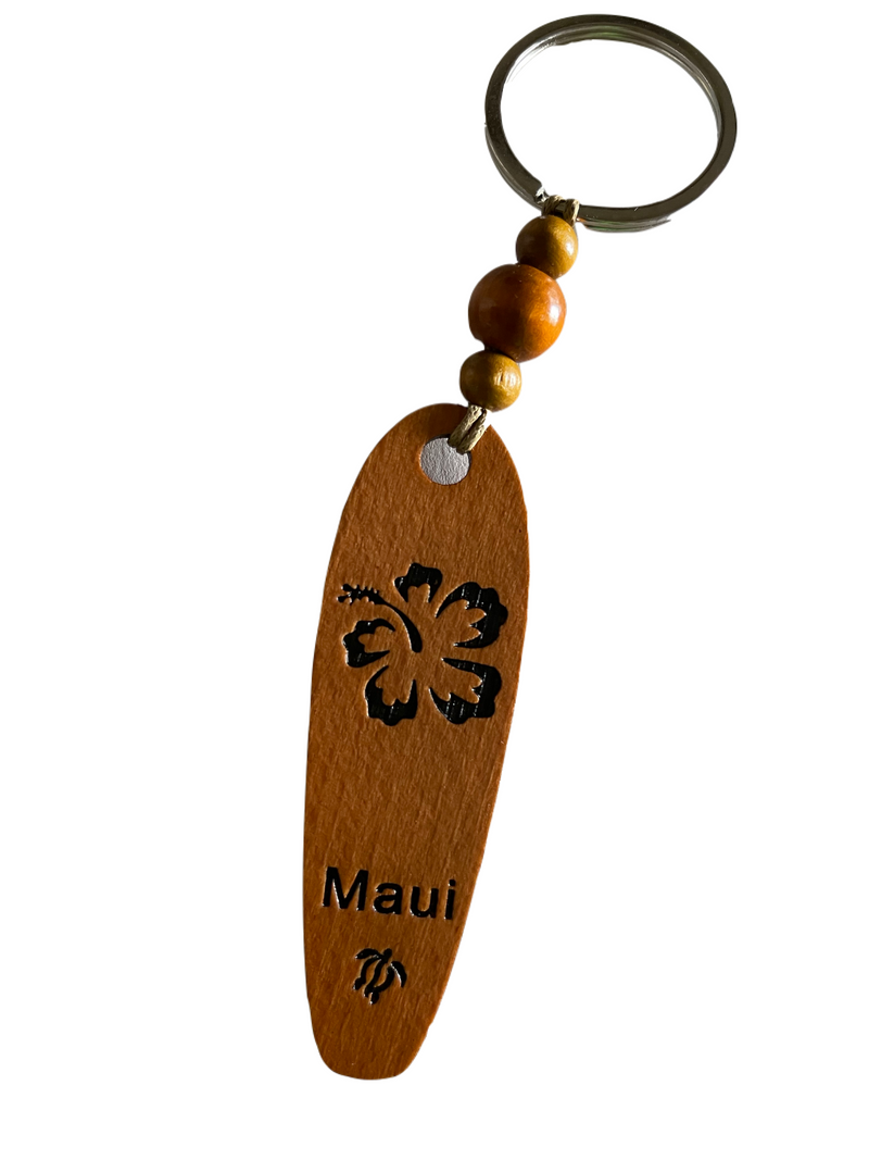Wooden Surfboard Keychain with Hibiscus and the word Maui